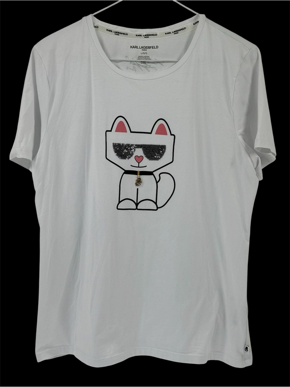 Karl Lagerfeld White Cat Graphic Tee with gold logo accent
